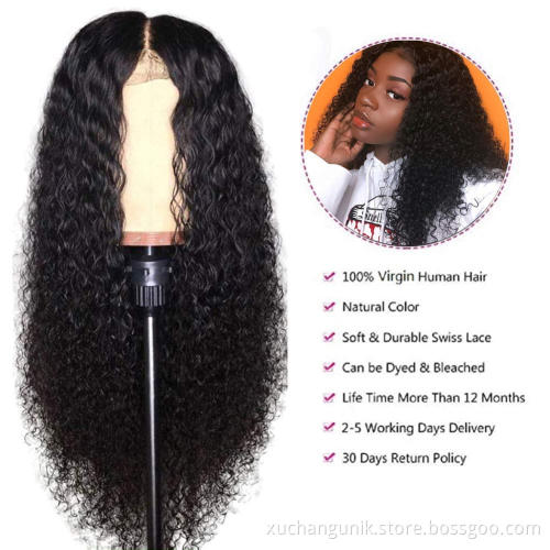 Factory Sale Malaysian Hair Virgin Human Swiss Lace Front 4*4 Closure Wig Kinky Curly Hair Cuticle Aligned Human Lace Front Wig